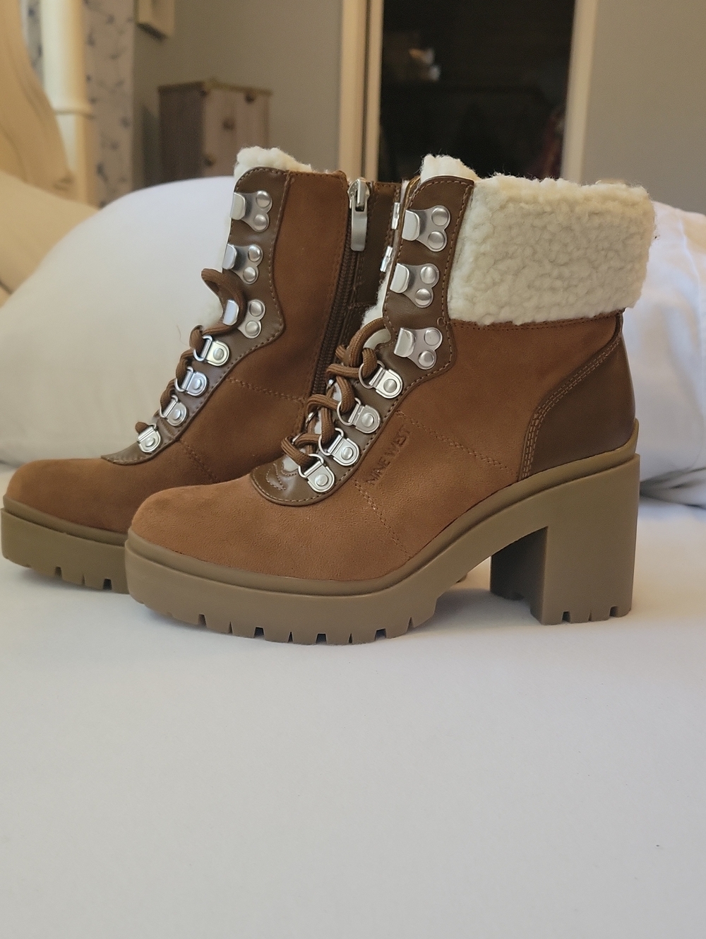 Nine West Fur Trim Platform Ankle Boots Brown & Cream